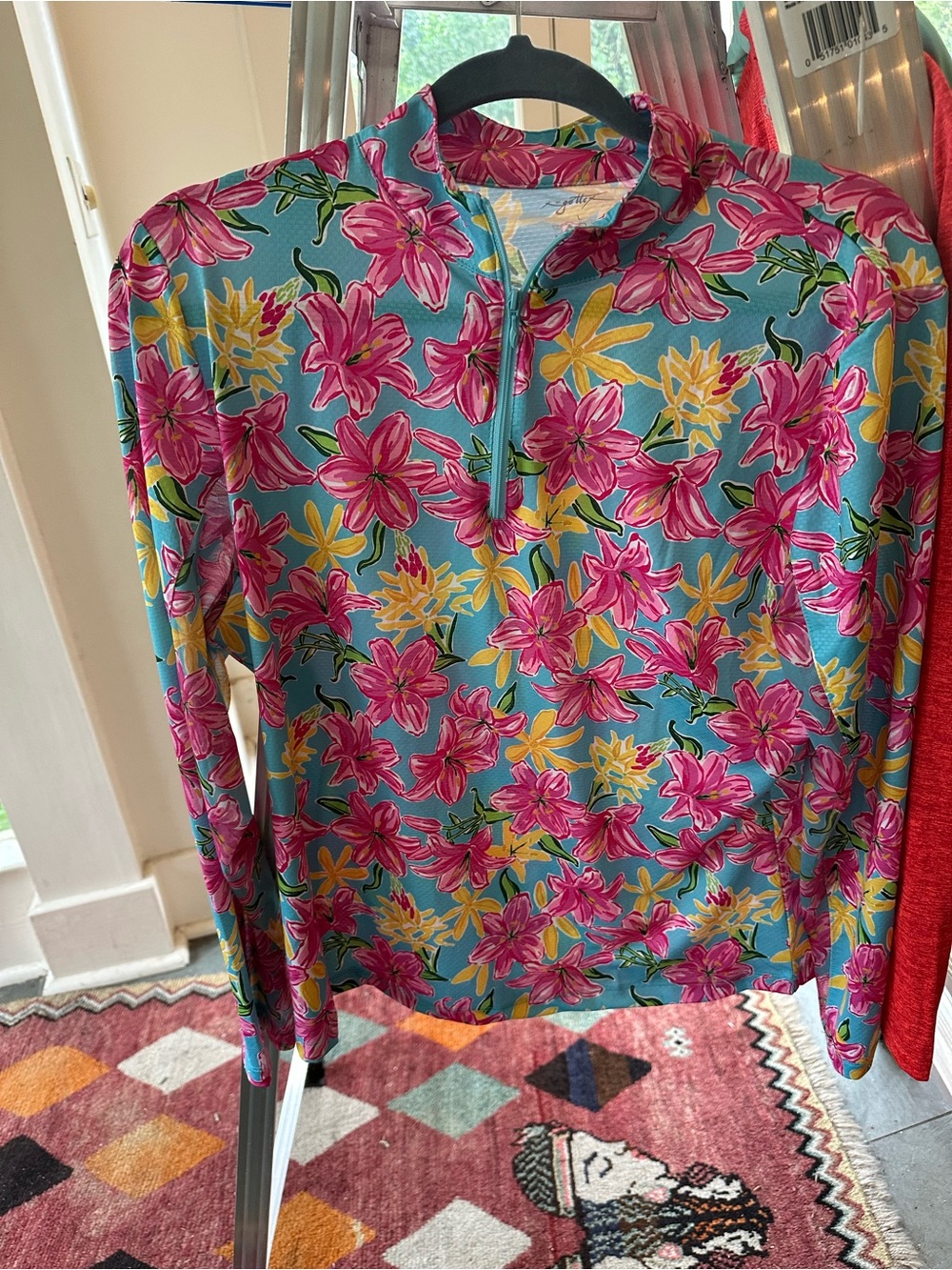 Gottex Blue Floral Zip-Front Long Sleeve Top with Pink and Yellow Blooms